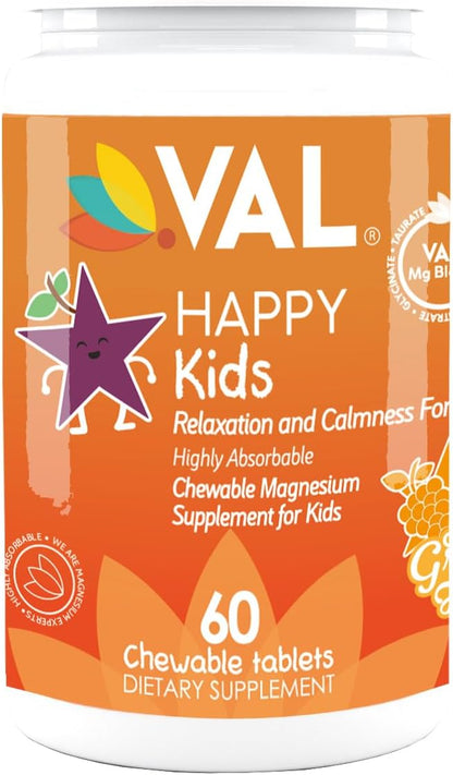 VAL Magnesium for Kids | High-Absorption Magnesium for Calm, Relaxation & Focus | Mg Glycinate, Citrate & Taurate | with Vitamin B6, D & C | Sugar-Free, Non-GMO | 60 Chewable Tablets