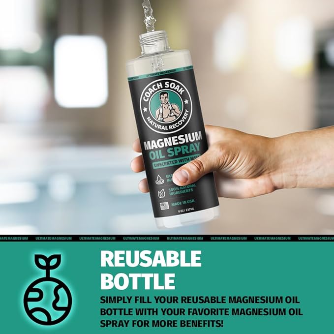 Coach Soak Magnesium Body Spray with MSM, Unscented, Extra Strength Magnesium Chloride, Pure Topical Magnesium Oil Spray for Feet & Body, Made in USA