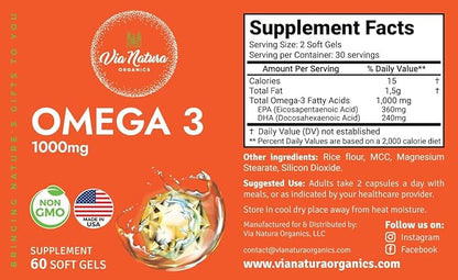 Omega 3 | 1000mg | Fish Oil | Fatty acids | EPA & DHA | Non-GMO | 60 Softgels