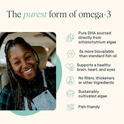 Ora Organic Vegan Omega 3 Supplement - 500mg DHA for Brain, Eye, and Heart Health - Made from Sustainable Algae - 60 Capsules