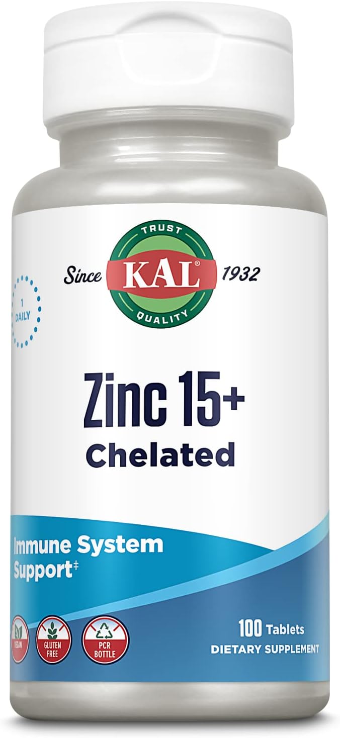 KAL Zinc 15+ with Betaine HCl & Trace Minerals, Healthy Metabolism & Immune System Function Support, Chelated for Absorption, Vegetarian, 100 Tablets