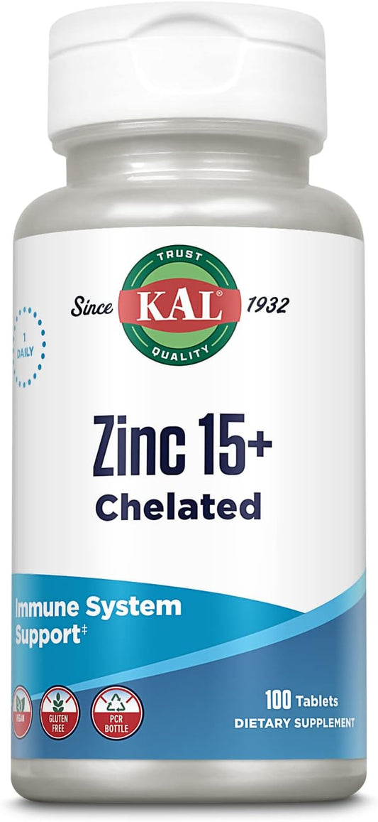 KAL Zinc 15+ with Betaine HCl & Trace Minerals, Healthy Metabolism & Immune System Function Support, Chelated for Absorption, Vegetarian, 100 Tablets