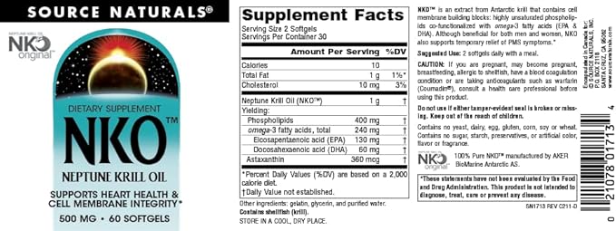 Source Naturals NKO Neptune Krill Oil, Supports Heart Health & Cell Membrane Integrity* 500 Mg - 60 Softgels