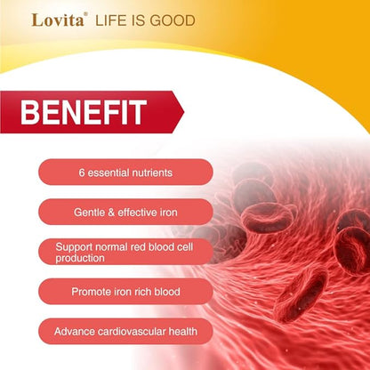 Lovita Iron 18 mg, 6 in 1 Iron Supplement for Women, Iron with Vitamin C, Dong Quai & B12, Vegan Iron Vitamin to Support Red Blood Cell Production Without Constipation, 120 Capsules