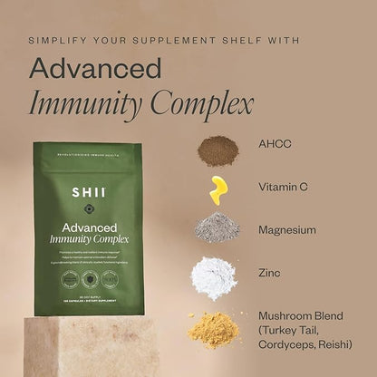 SHII Advanced Daily Immune Support Supplement, 500mg AHCC per Serving, AHCC Supplement with Vitamin D3, Vitamin C, and Zinc, Vegan, Gluten Free, Sugar Free, 120 Mushroom Capsules