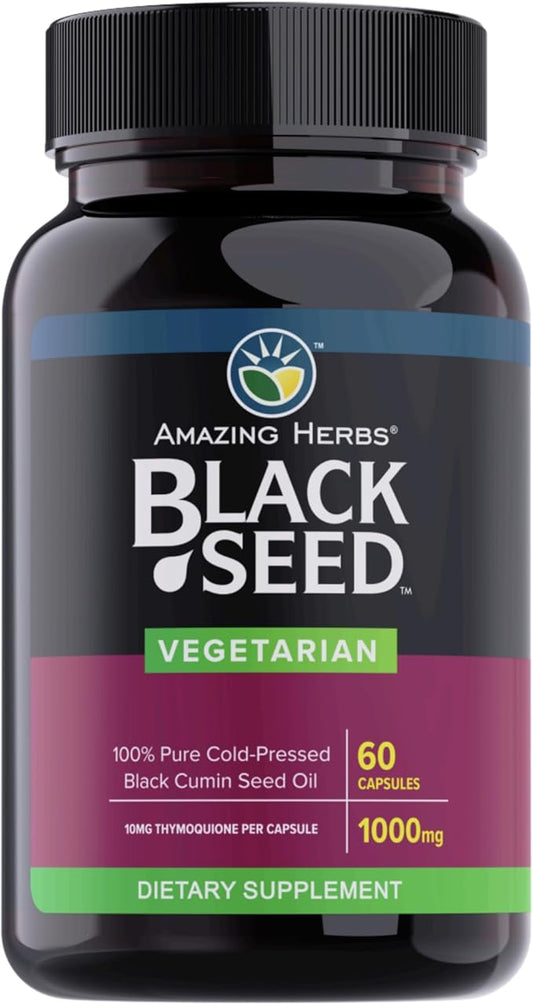 Amazing Herbs Black Seed Oil Capsules - Black Seed Oil Pills, Black Cumin Seed Oil Capsules, Cold Pressed Nigella Sativa Supplement, Blackseed Oil, Non GMO, 100% Pure - 60 Vegetarian Capsules, 1000 mg