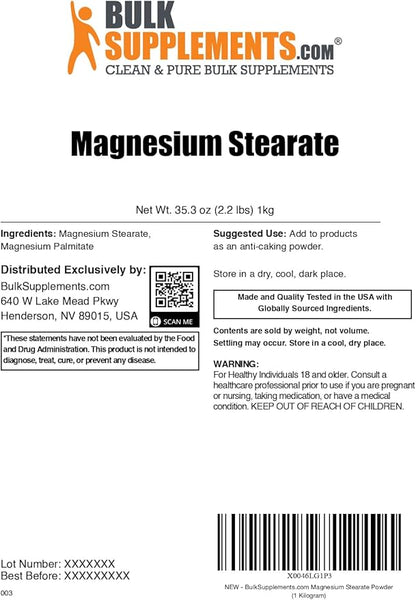 BulkSupplements.com Magnesium Stearate Powder - Anti-Caking, Flowing Agent, & Filler - Magnesium Stearate Food Grade, Servings May Vary - 1kg (2.2 lbs) (Pack of 1)