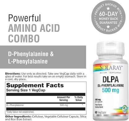 SOLARAY DL-Phenylalanine, 500mg | 50-50 Blend of Essential Amino Acids for Nervous System, Mood & Energy Support | 60 VegCaps