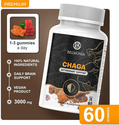 Chaga Mushroom Gummies - Antioxidant Immune Support Supplement - Dietary Mushroom Supplement - 60 Gummies - Made in USA - Shrooms for Health - Delicious & Vegan Frendly