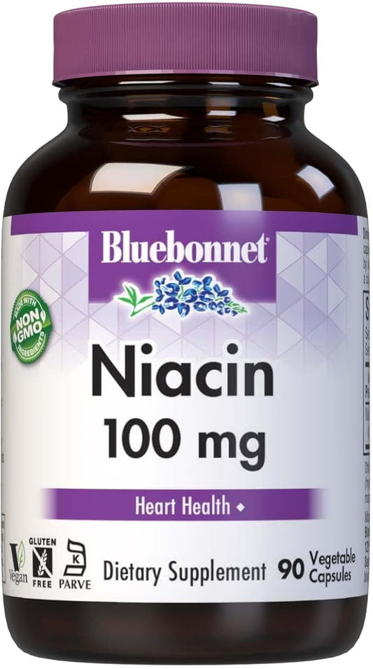 Bluebonnet Niacin 100mg Vitamin B3 Nicotinic Acid - Heart Health Support for Women & Men* - Non-GMO, Vegan, Kosher, Gluten-Free, Soy-Free, Dairy-Free Flush Niacin Supplement - 90 Vegetable Capsules