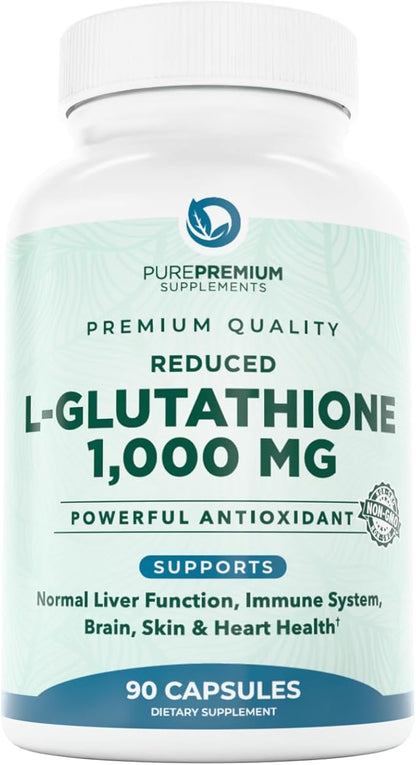 PurePremium Reduced Glutathione 1000mg Per Serving - 500mg Per Capsule – L-Glutathione Supplement & Antioxidant Support for Normal Liver, Brain, Skin & Heart Health – 90 Capsules