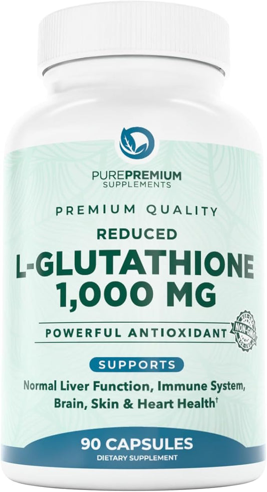PurePremium Reduced Glutathione 1000mg Per Serving - 500mg Per Capsule – L-Glutathione Supplement & Antioxidant Support for Normal Liver, Brain, Skin & Heart Health – 90 Capsules