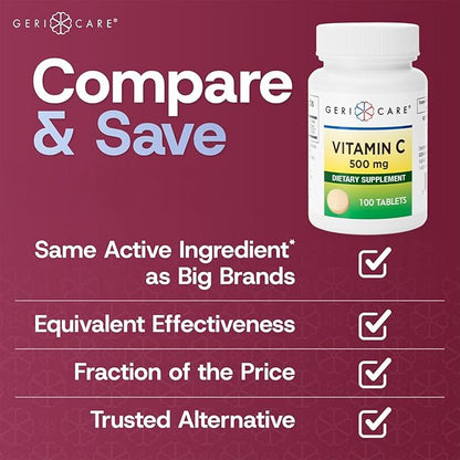 GeriCare Vitamin C 500 mg, Antioxidant, Immune System Support, Nutritional Supplement Tablets, 100 Count (Pack of 1)