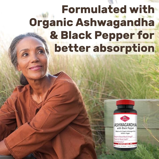 Olympian Labs Organic Ashwagandha with Black Pepper Supports The Brain, Muscle Mass and Strength - 60 Vegan Capsules 1300mg