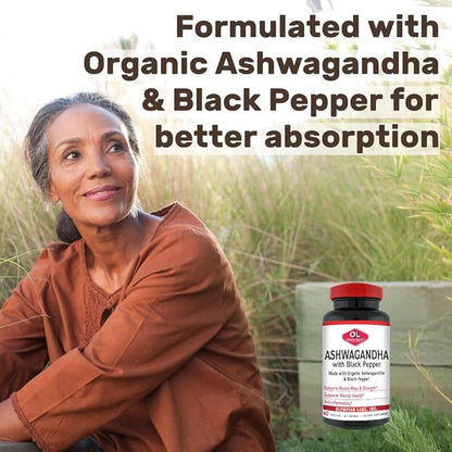 Olympian Labs Organic Ashwagandha with Black Pepper Supports The Brain, Muscle Mass and Strength - 60 Vegan Capsules 1300mg