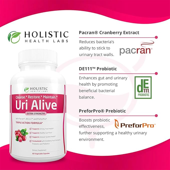 Uri Alive Extra Strength Urinary Support Supplement for Urinary Tract, Bladder, Gut Flora, and Immune System Health (60 Count (Pack of 1))