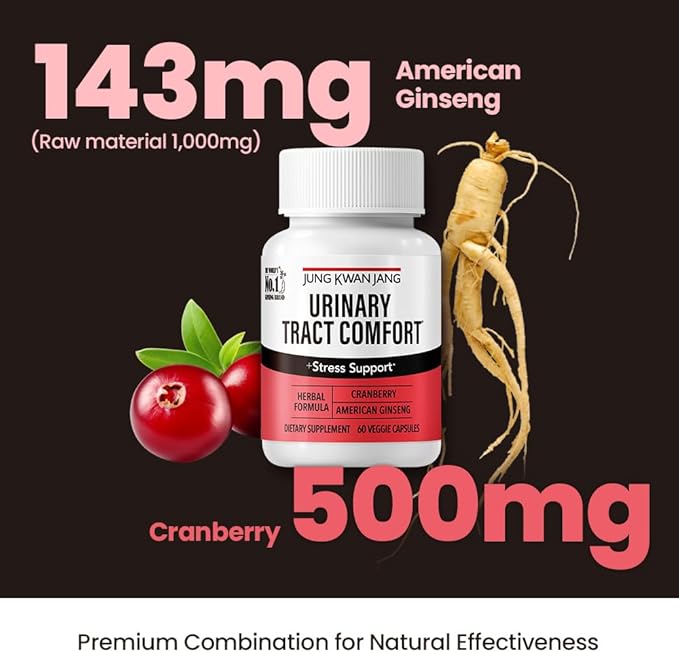JungKwanJang Urinary Tract Comfort Formula with Pacran Cranberry 500mg, American Ginseng 143mg - Urinary Tract Health Support Supplement - 60 Capsules for Women and Men