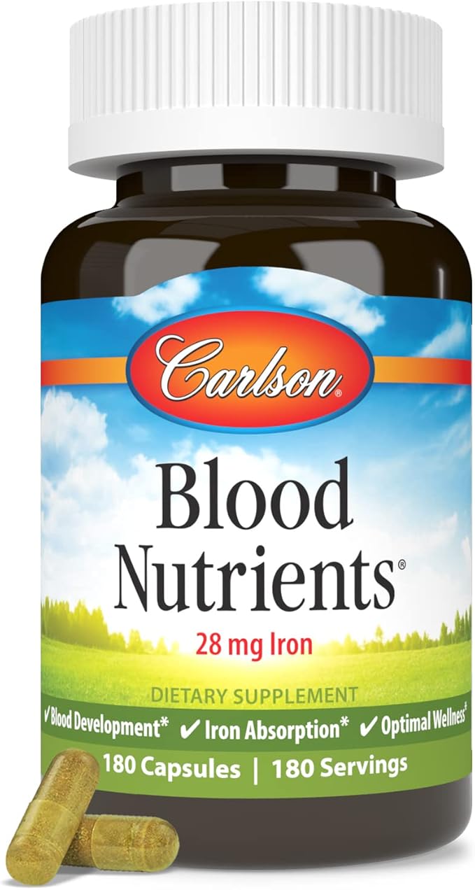 Carlson - Blood Nutrients, 28 mg Iron, Blood Development, Iron Absorption & Optimal Wellness, 180 Capsules