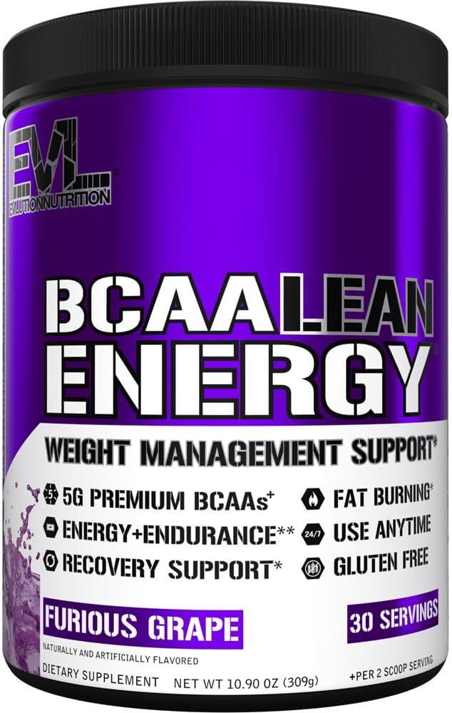 EVL BCAA Lean Energy Powder - Pre Workout Green Tea Fat Burner Support with BCAAs Amino Acids and Clean Energizers - BCAA Powder Post Workout Recovery Drink for Lean Muscle Recovery - Furious Grape