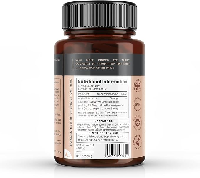 pureclinica High Potency Ginkgo Biloba 30,000mg x 90 Tablets - 3 Months Supply - 5 Times The Strength of Competitor Products