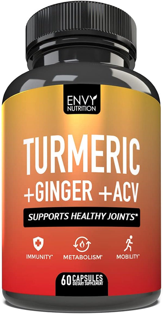 Turmeric & Ginger Supplement Capsules with Apple Cider Vinegar - Enhanced Immunity & Metabolism Support - 95% Curcuminoids, Bioperine (Black Pepper) for Superior Absorption - 60 Caps