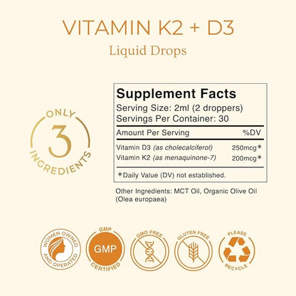 GoldN™ Vitamin K2+D3 Liquid Drops | 10,000 IU D3 & 200 mcg K2 | Bone, Heart & Immune Support | Non-GMO, Additive-Free, MCT & Organic Olive Oil | 60 Servings | High-Potency Liquid Formula