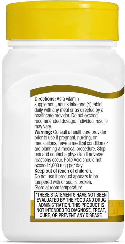 21st Century 800 mcg Folic Acid Tablets, Assorted, 180 Count (Pack of 2)