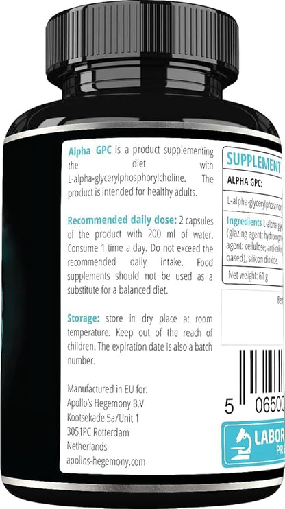 APOLLO'S HEGEMONY Alpha-GPC 600mg per Daily Dose - 90 Vegan Choline Capsules - 99% Choline Alfoscerate Dietary Supplement - Lipid Choline - Memory and Concentration Capsules