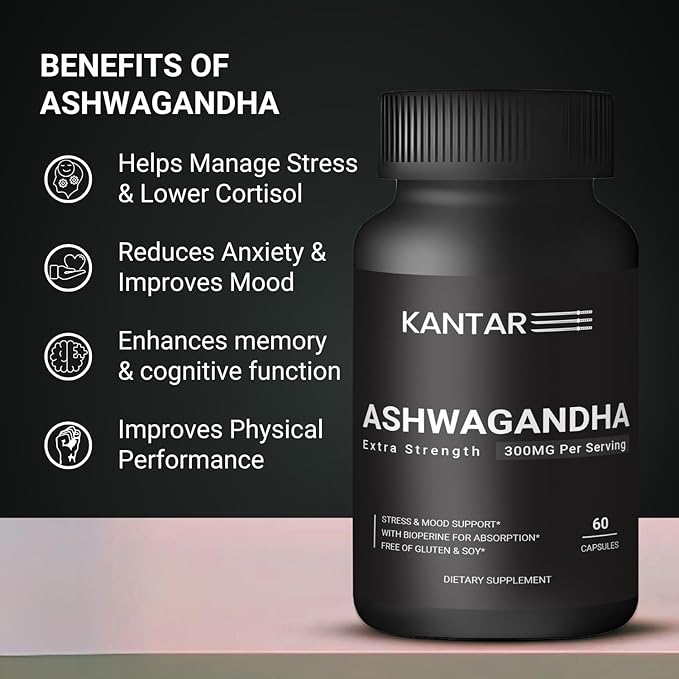 KANTAR Organic Ashwagandha Capsules 3000mg for Extra Strength, Stress & Mood, Focus and Energy Support Supplement Support with BioPerine for Absorption Free of Gluten and SOYA - 60 Capsules