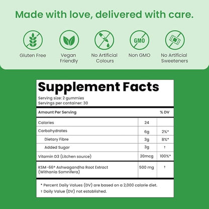 KSM-66 Ashwagandha & Vitamin D Gummy - 60 Count - Mixed Berry, KSM-66, Vegan, Plant Based, Non-GMO, Gluten-Free & Gelatin Free, for a Happier You, Pack of 1
