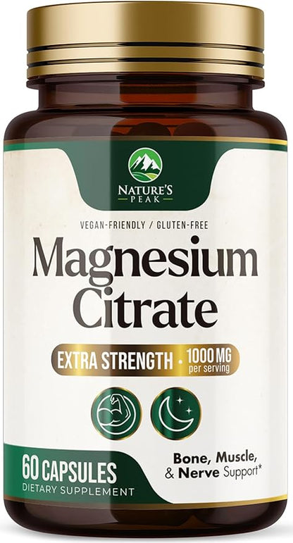Magnesium Citrate Extra Strength 1000 mg - High Absorption Magnesium Supplement for Muscle, Bone, Nerve & Heart Health Support, Magnesio Vitamin Pills, Non-GMO, Nature's Premium Formula - 60 Capsules