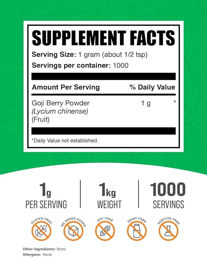 BulkSupplements.com Wolfberry Extract Powder - Goji Berry Supplements, Goji Berry Extract, Herbal Supplement, Gluten Free, 1000mg per Serving, 1kg (2.2 lbs) (Pack of 1)