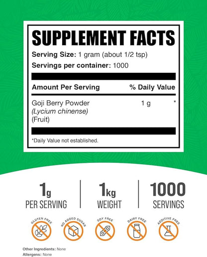 BulkSupplements.com Wolfberry Extract Powder - Goji Berry Supplements, Goji Berry Extract, Herbal Supplement, Gluten Free, 1000mg per Serving, 1kg (2.2 lbs) (Pack of 1)