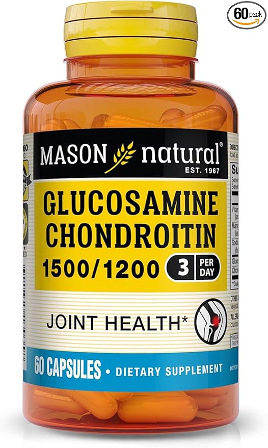 MASON NATURAL Glucosamine Chondroitin 1500/1200 3 Per Day with Vitamin C - Supports Joint Health, Improved Flexibility and Mobility*, 60 Capsules