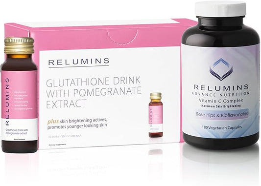 Relumins Glutathione Drink & Vitamin C Bundle – Brightening & Firming Pomegranate Gluta Shots (50mL x 10 Bottles) + Advanced Vitamin C with Rose HIPS & Bioflavonoids (180 Veg Caps)