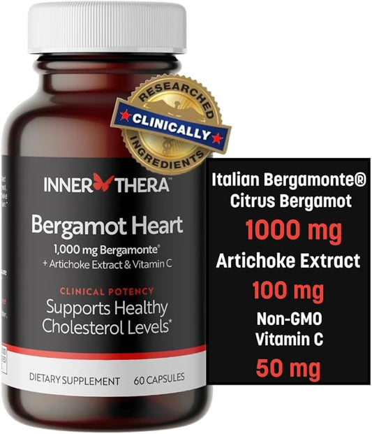 Bergamot Heart -1000mg Certified Bergamonte Citrus Bergamot - Cardiologist Developed & Clinically Proven - Highest Polyphenols - Supplement for High Cholesterol & Heart Health