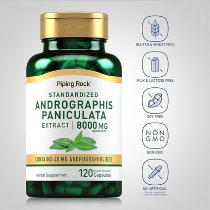 Piping Rock Andrographis Paniculata Extract | 8000 mg | 120 Capsules | Standardized Herbal Supplement | Non-GMO, Gluten Free