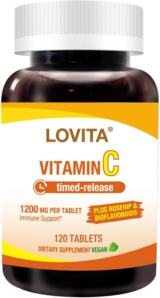 Lovita Vitamin C 1000mg with Citrus Bioflavonoids & Rosehip, Timed Release Coating, High Potency 3-in-1 Formula, Immune Support, 120 Vegan Tablets
