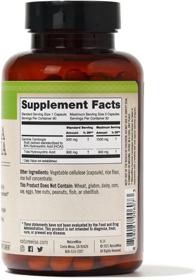 Naturewise Garcinia Cambogia - 60% HCA Concentration Extract, Natural Support for Weight Goals and Energy Levels - Vegan, Non-GMO, Gluten Free - 90 Capsules[1-3 Month Supply]