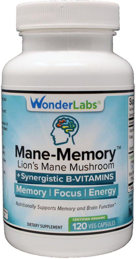 Lions Mane Mushroom 1100mg Mycelium & Fruting Body - Nutritionally Supports Memory and Brain Function Plus Essential B-Complex for Energy - 120 Capsules
