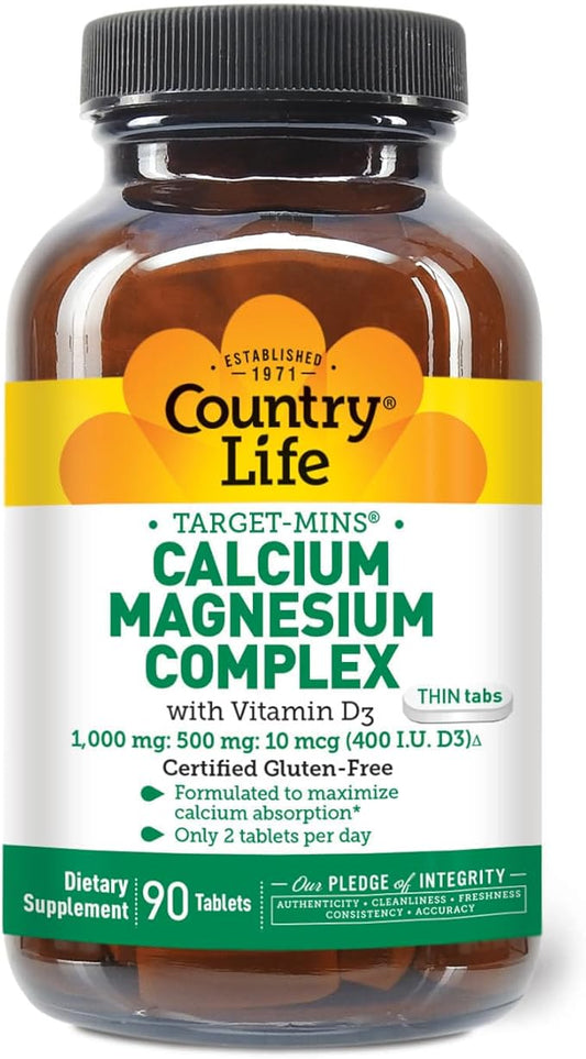 Country Life Target-Mins Calcium Magnesium with Vitamin D-Complex, 1000mg/500mg/10mcg, 90 Tablets, Certified Gluten Free, Certified Vegetarian