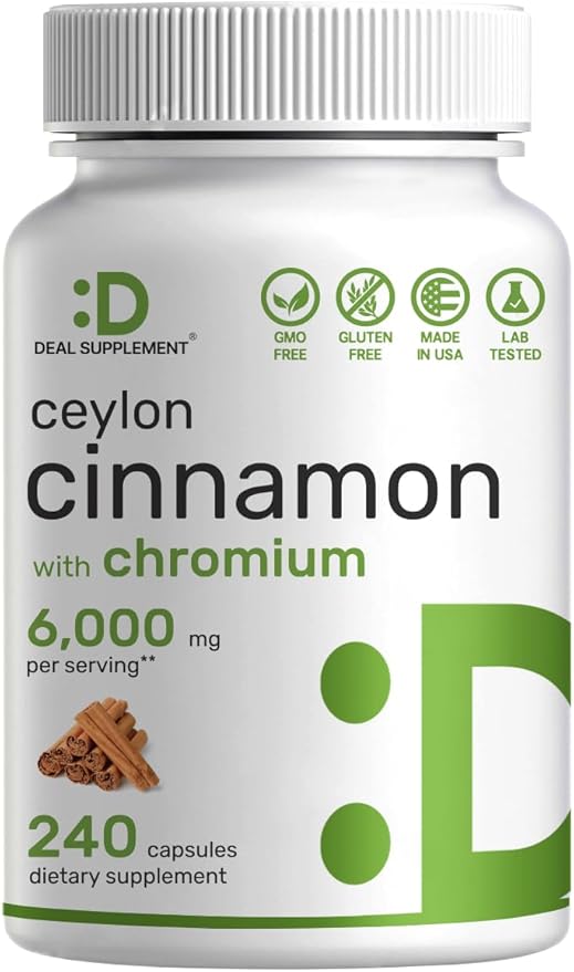 Ceylon Cinnamon 6,000mg with Chromium 1,000mcg Per Serving, 240 Capsules –Active Inner Bark Extract – True Sri Lanka Source – Natural Cinnamon Supplements– Non-GMO