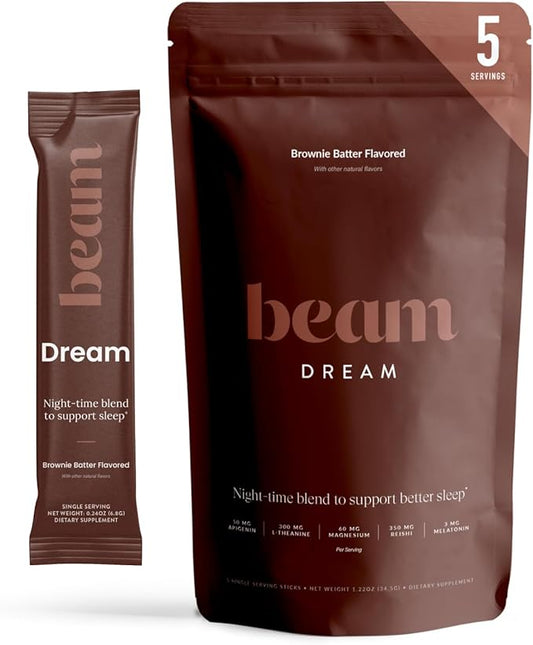 Beam Dream Sleep Powder, Sleep Aid, Sleep Aids for Adults, Contains Magnesium, Melatonin, L Theanine, Apigenin, Natural Sleep Supplement, Vegan, Non GMO, 3rd Party Tested, 5 Servings, Brownie Batter