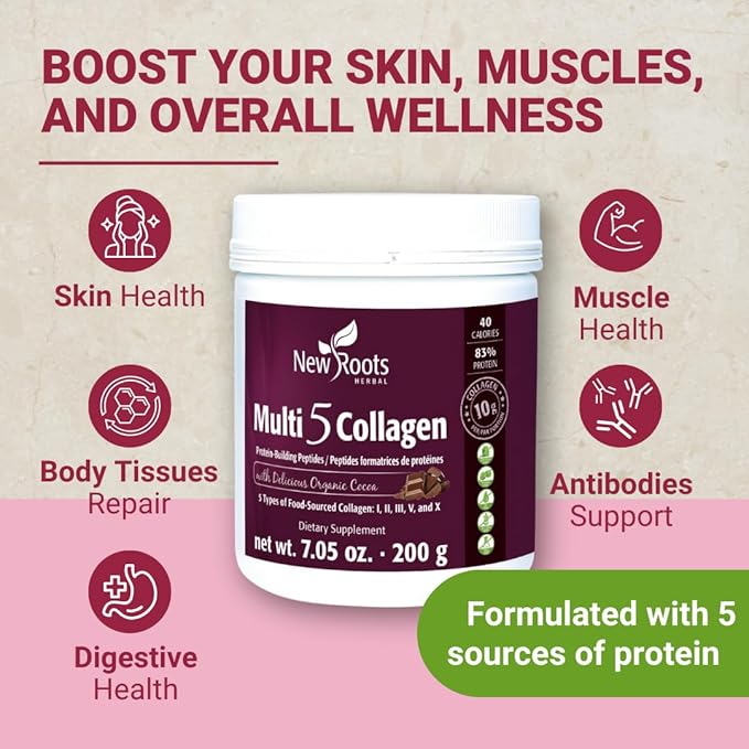 New Roots Multi 5 Coco Collagen Powder Supplement (Types I, II, III, V and X) Hydrolyzed Collagen - Dairy & Gluten Free - 12g per Serving - Chocolate Flavor, 7.05 oz