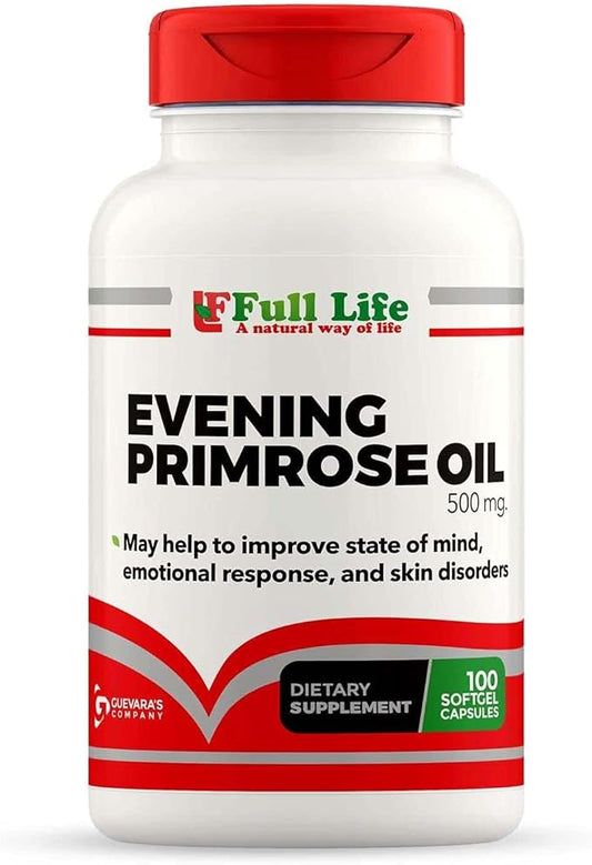 Full Life Evening Primrose Oil - Healthy Immune System - Supporting Vascular System - GLA for Skin - 100 Softgel Capsules Serving 100 Days, 500mg.