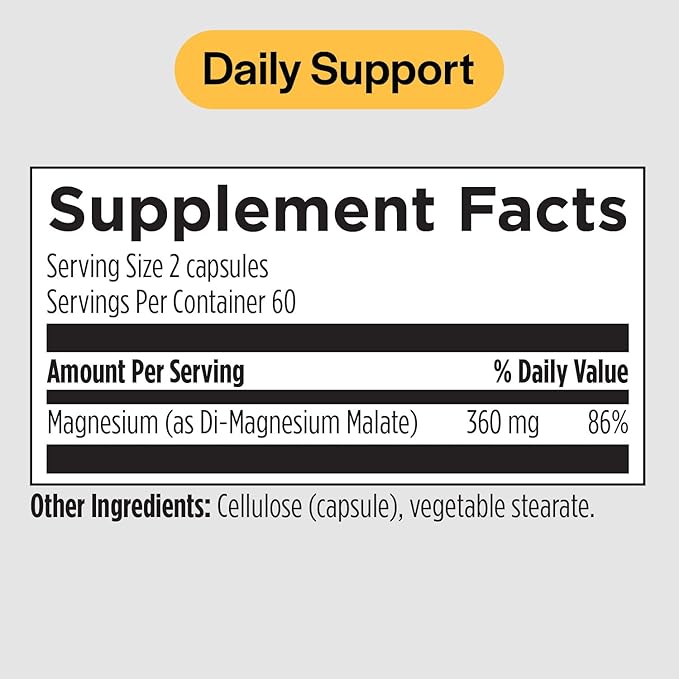 PureFormulas Magnesium Malate Capsules - Chelated Magnesium as Di-Magnesium Malate - Highly Bioavailable Form to Support Energy, Bone Health + Muscle Recovery, malato de magnesio 360 mg - 120 Capsules