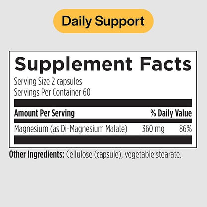 PureFormulas Magnesium Malate Capsules - Chelated Magnesium as Di-Magnesium Malate - Highly Bioavailable Form to Support Energy, Bone Health + Muscle Recovery, malato de magnesio 360 mg - 120 Capsules