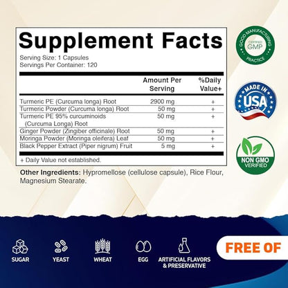 Vitamatic Turmeric Curcumin Supplement 3000 mg Equivalent Per Serving, Made with 95% Curcuminoids, Black Pepper, Ginger, Moringa, 120 Vegetable Capsules, Non-GMO, Gluten Free (120 Capsules)