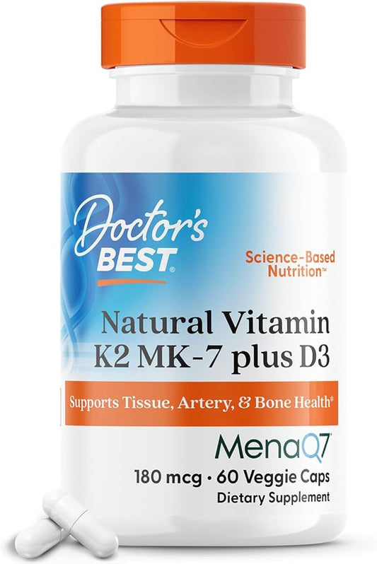Doctor's Best Natural Vitamin K2 MK-7 Plus D3, Supports Tissue, Artery, & Bone Health, Non-GMO, Gluten Free, Soy Free, Vegetarian 60 Veggie Caps
