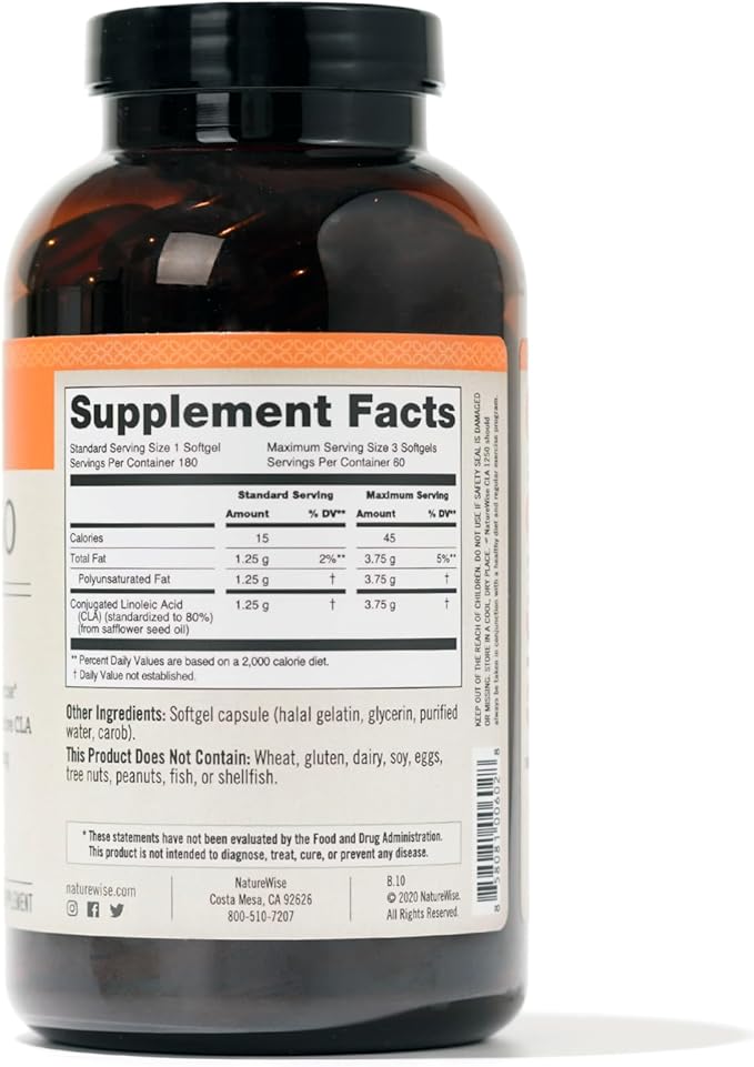 NatureWise CLA 1250 - Conjugated Linoleic Acid Supplement for Women and Men, Not Stimulating, Supports Healthy Weight, Fitness Goals - Non-GMO, Gluten Free - 180 Softgels[2-Month Supply]